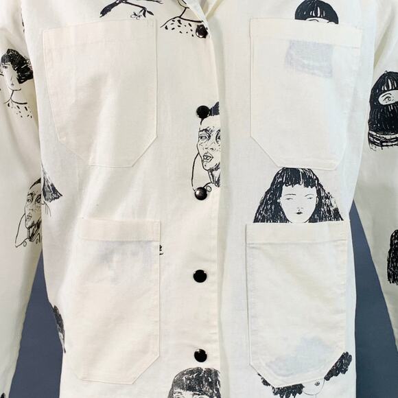 HOMBRE NECIO Size XL Beige Black Figures Print Linen Cotton Jacket - Picture 2 of 6